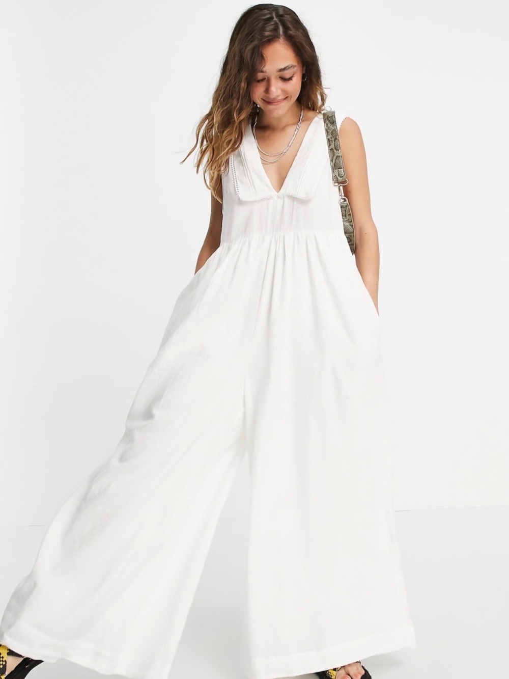 Free People Big Love White Linen Blend Wide Leg Jumpsuit